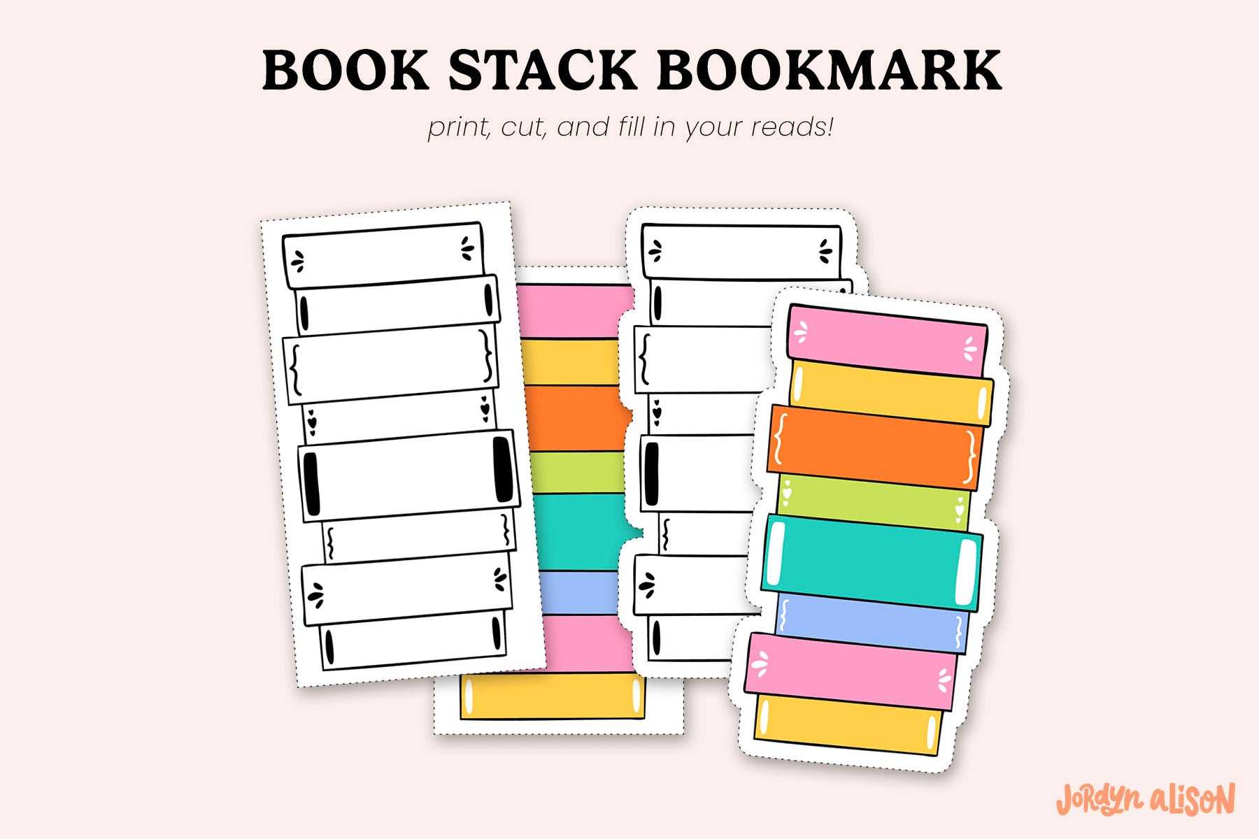 Colorful book stack bookmarks with text on a white background