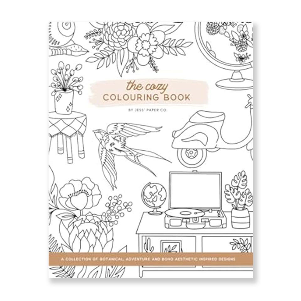 Cozy Colouring Book by Jess Paper Co. with line art illustrations on a white background
