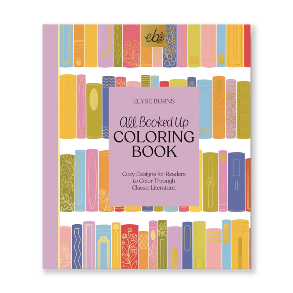 Coloring book titled 'All Booked Up' with colorful book design on cover by Elyese Breanne