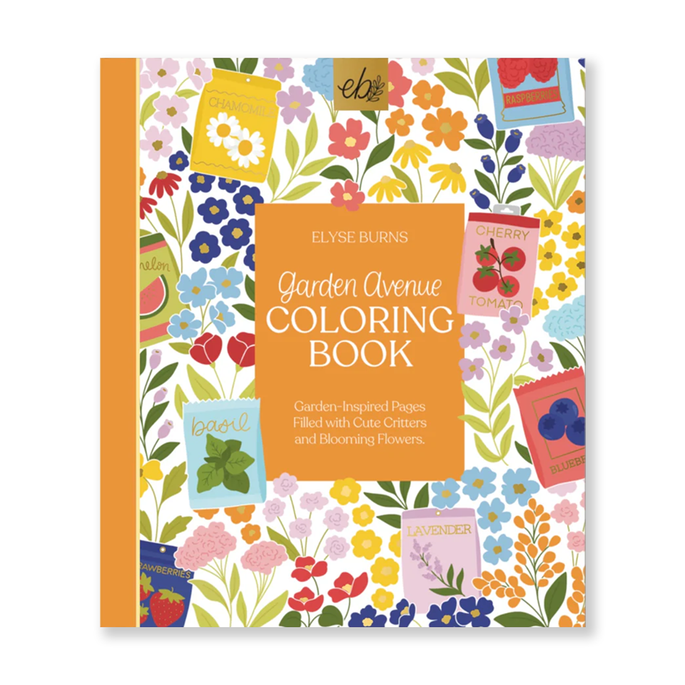 Coloring book cover with floral and garden-themed design, by Elyse Breanne.
