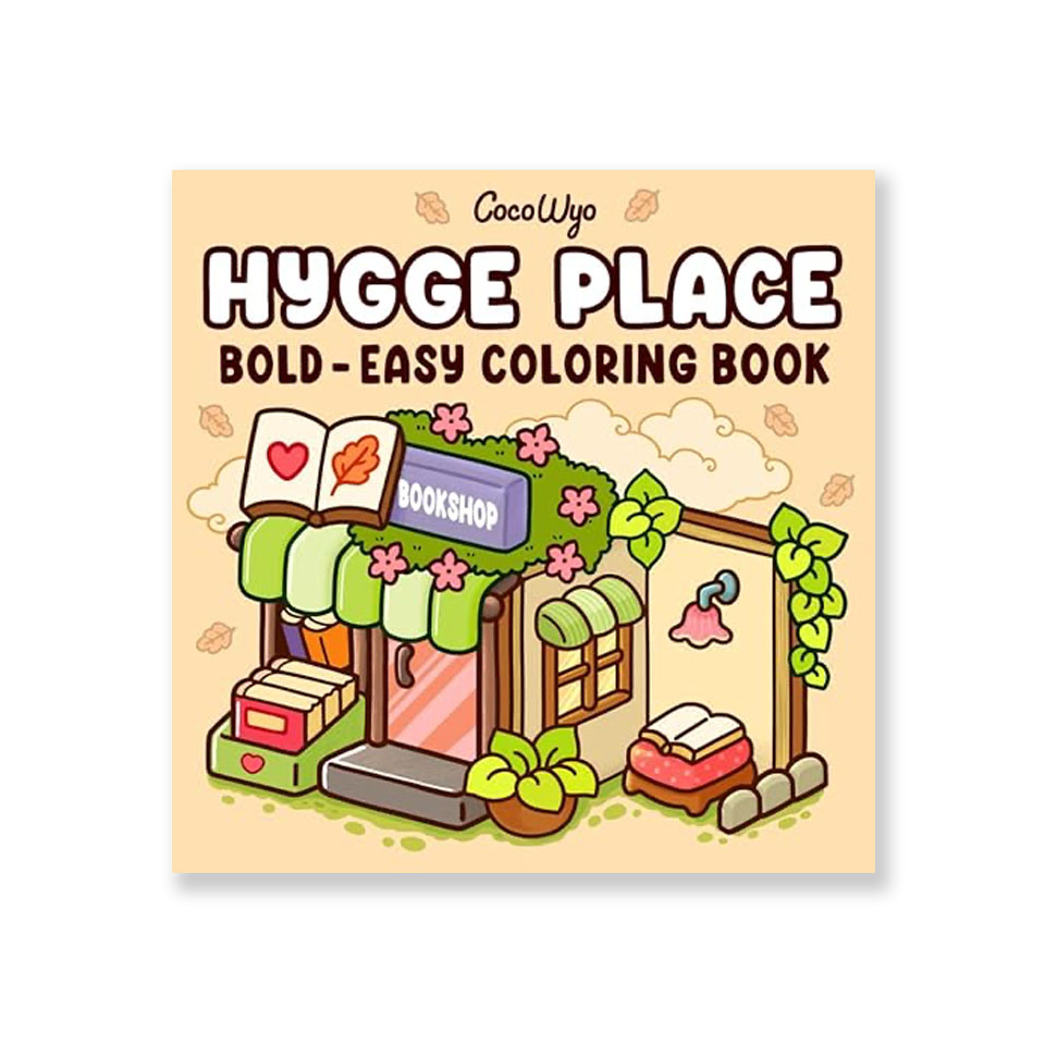 Coloring book titled 'Hugge Place' by CocoWyo with a cartoon bookshop illustration on a beige background.