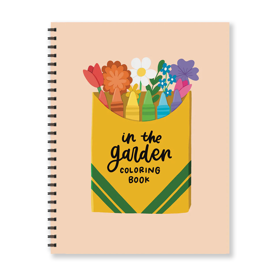 Coloring book cover with floral illustrations and 'in the garden coloring book' text on a beige background