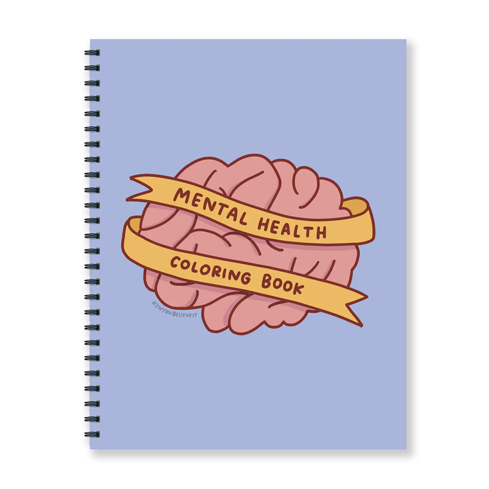 Mental Health Coloring Book with brain illustration and text on a light blue background