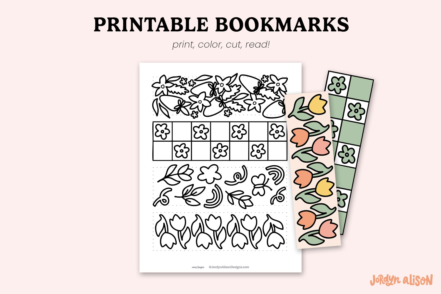 Printable bookmarks on a light pink background.