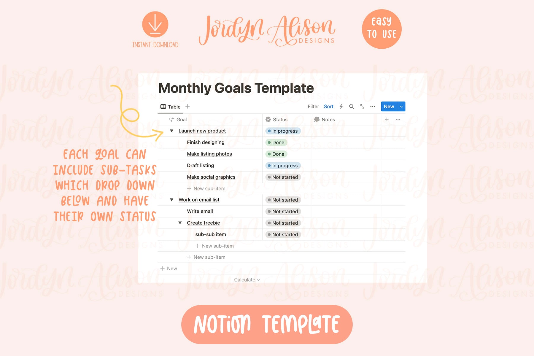 Goals Notion Example Monthly Goals Notion Template | Goal Tracker Notion – JordynAlisonDesigns