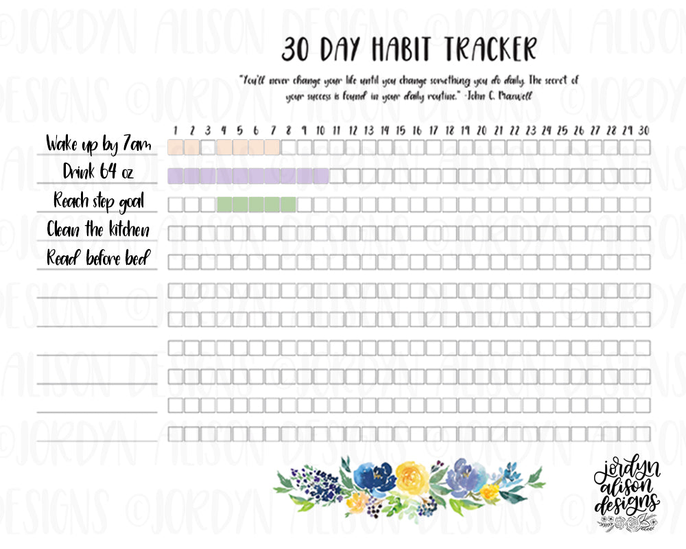 partial filled in example of 30 day habit tracker
