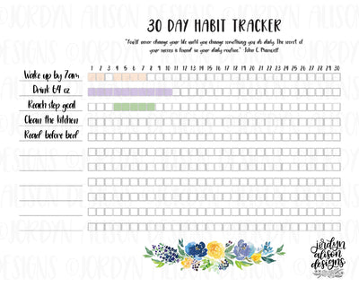 partial filled in example of 30 day habit tracker
