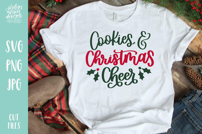 White T-shirt with handwritten text "Cookies & Christmas Cheer"