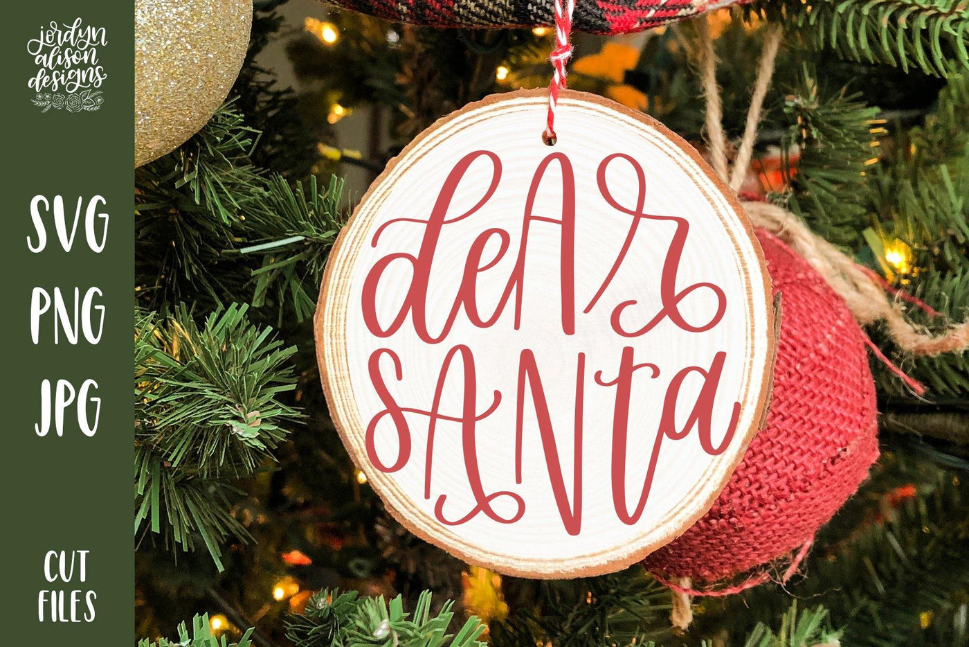 Handwritten text "Dear Santa" on Round Christmas Ornament. 
