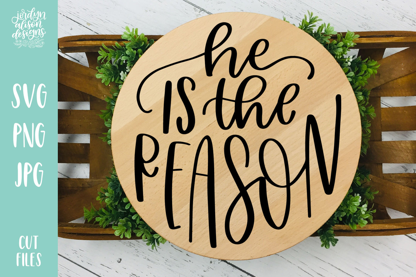 Handwritten text "He is the Reason" on Round Christmas Ornament. 