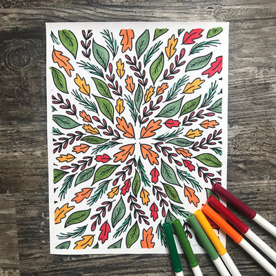 Fall coloring page fully colored with pens