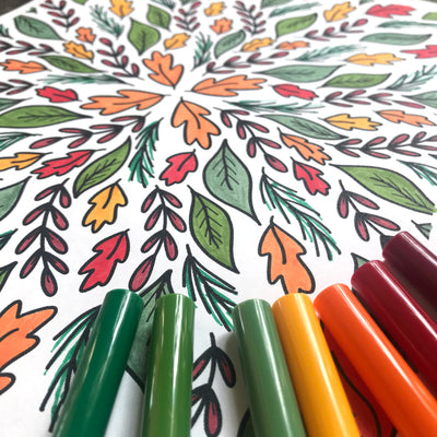 Portion of Fall coloring page fully colored with pens
