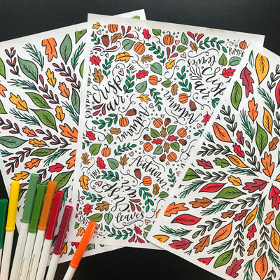 Three Fall fully colored coloring pages with pens