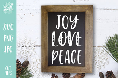 Rectangle chalkbook frame with handwritten text "Joy Love Peace"