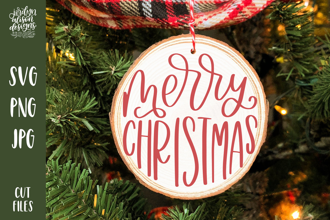 Handwritten text "Merry Christmas" on Round Christmas Ornament. 