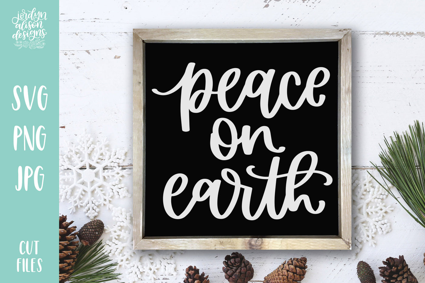 Square frame with handwritten text on chalkboard "Peace on Earth"