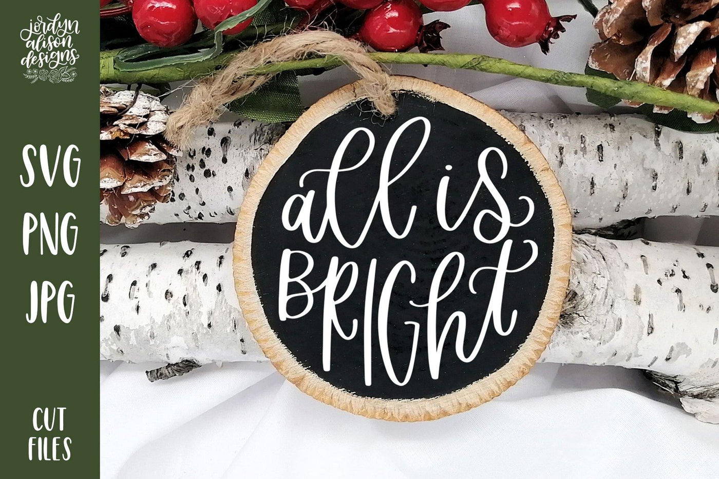 All is Bright handwritten on Round Christmas ornament