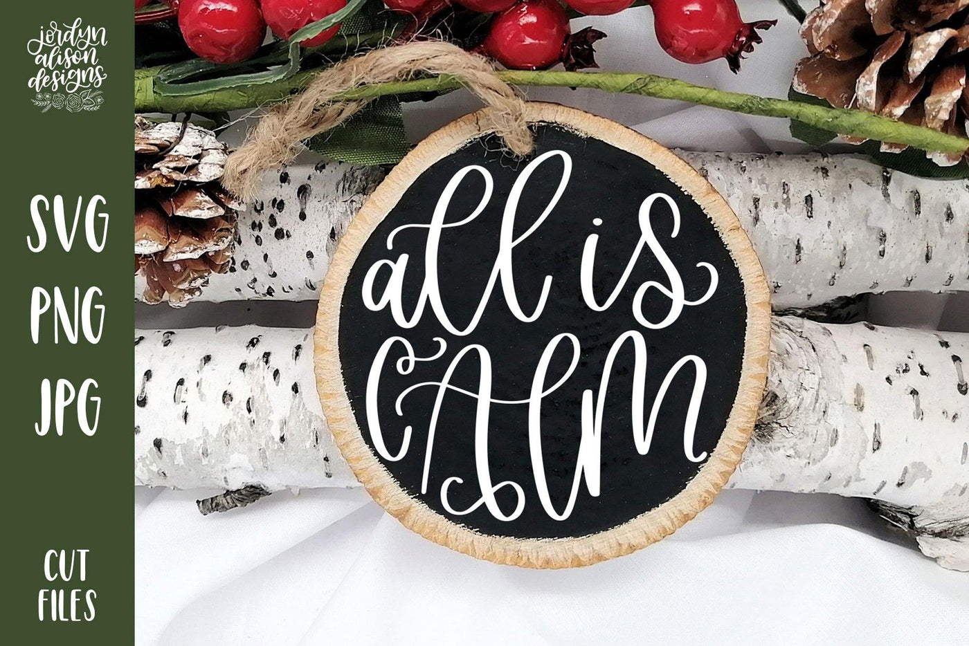 All is Calm handwritten on Round Christmas ornament