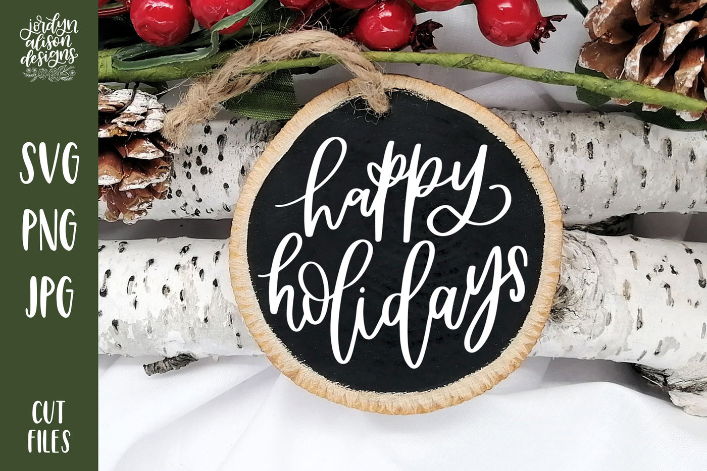 Handwritten text "Happy Holidays" on Round Christmas Ornament. 