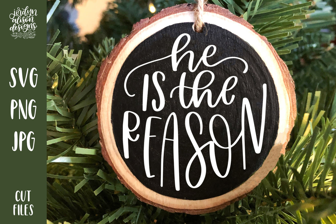 Handwritten text "He is the Reason" on Round Christmas Ornament. 