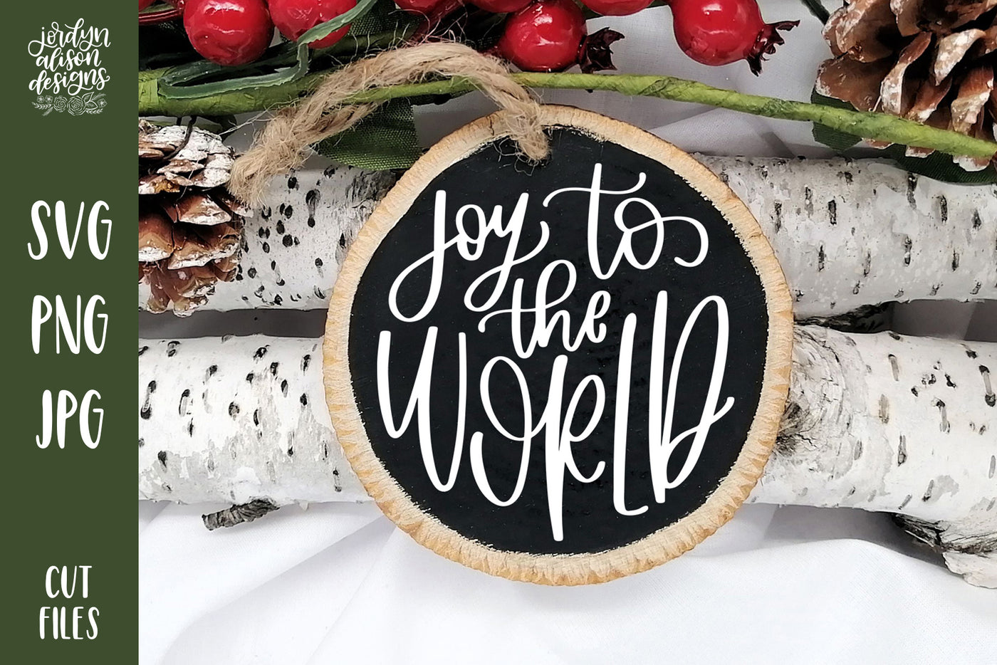 Handwritten text "Joy to the World" on Round Christmas Ornament. 