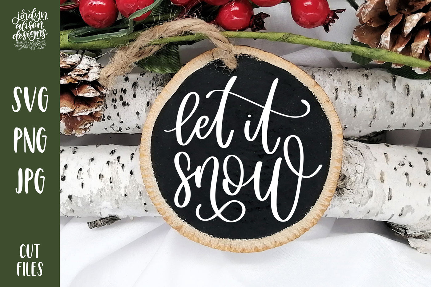 Handwritten text "Let It Snow" on Round Christmas Ornament. 