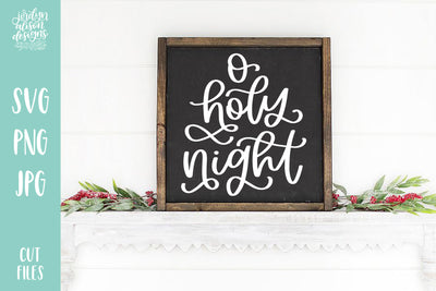 Square frame with handwritten text "O Holy Night"