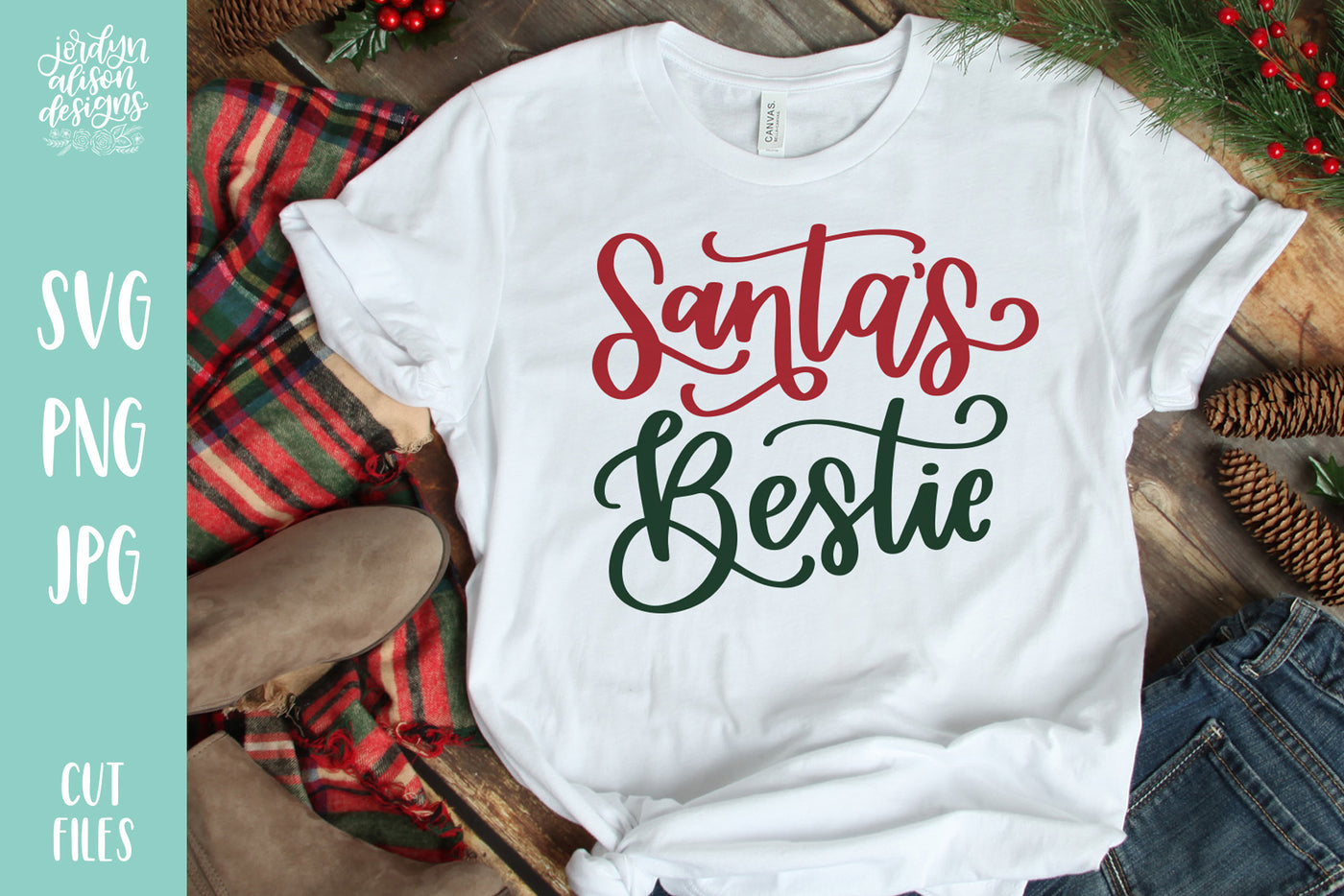 White T-shirt with handwritten text "Santa's Bestie"